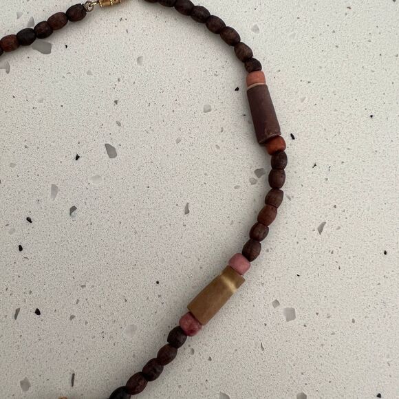 vtg beaded necklace wood stone beige brown tan boho retro hippie beach surfer - Picture 4 of 5